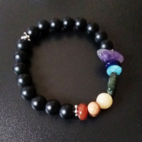 6.5" ~ Chakra Stretch Bracelet w. Jaspers, Unakite, Citrine, Agate, Shell +++ - Picture 4 of 8